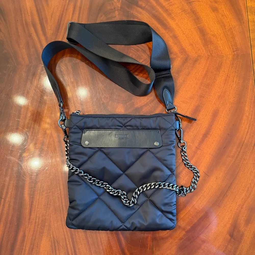 MZ Wallace Madison Flat Crossbody Black Quilted Nylon Bag